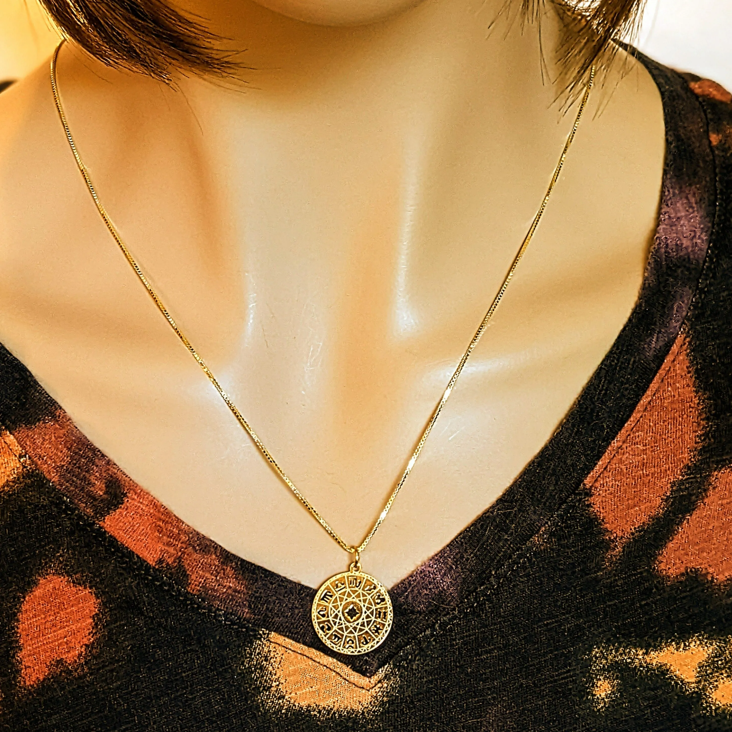 Gold Zodiac Wheel Chart necklace, adjustable up to 24 inches