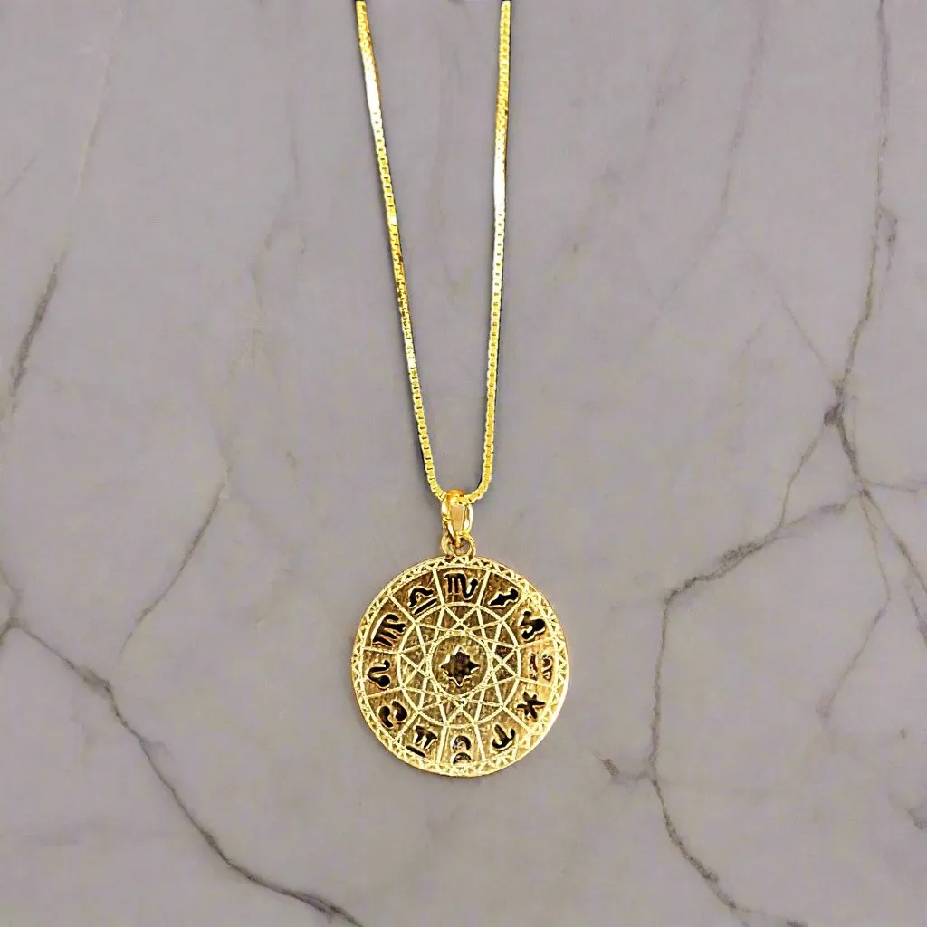 Gold Zodiac Wheel Chart necklace, adjustable up to 24 inches