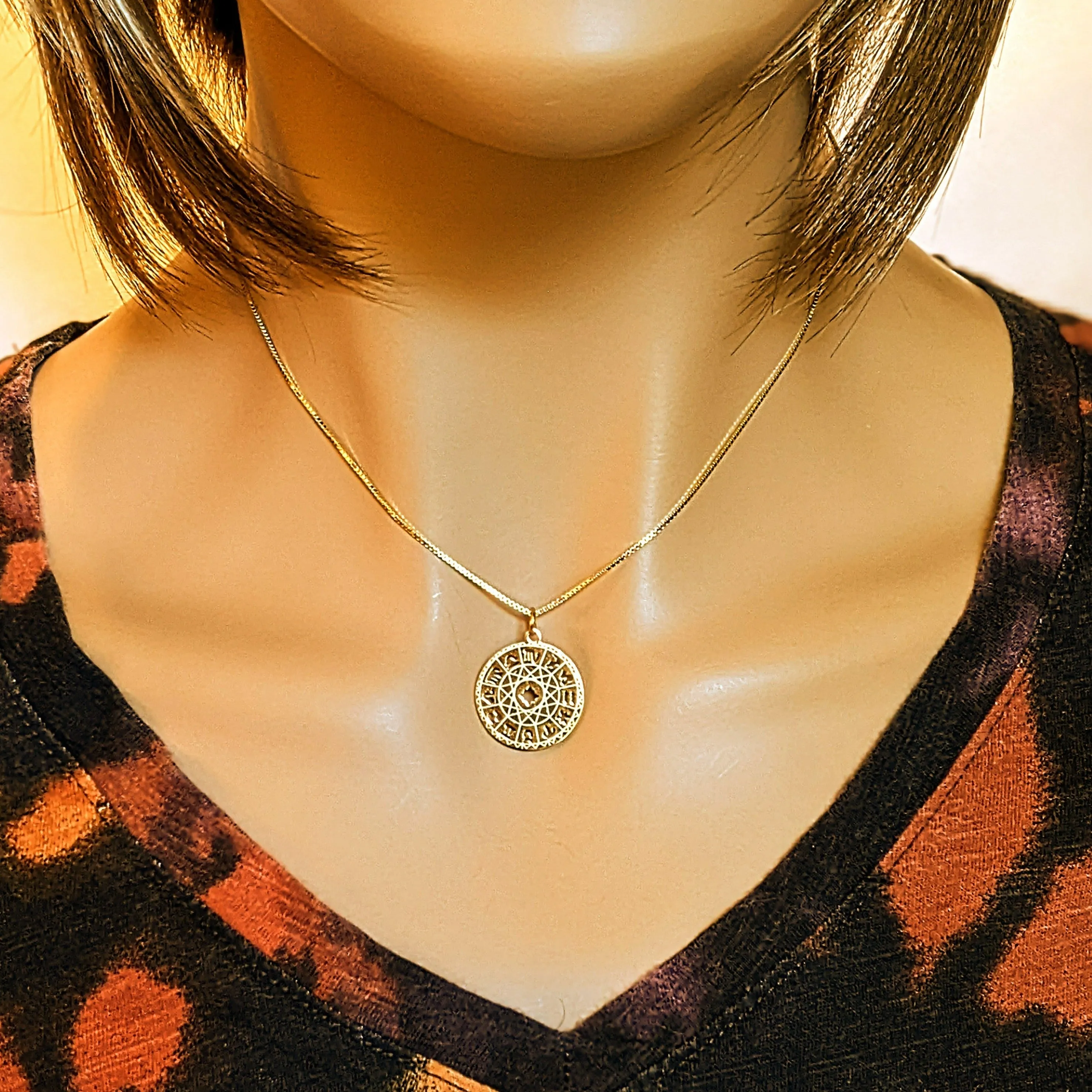 Gold Zodiac Wheel Chart necklace, adjustable up to 24 inches