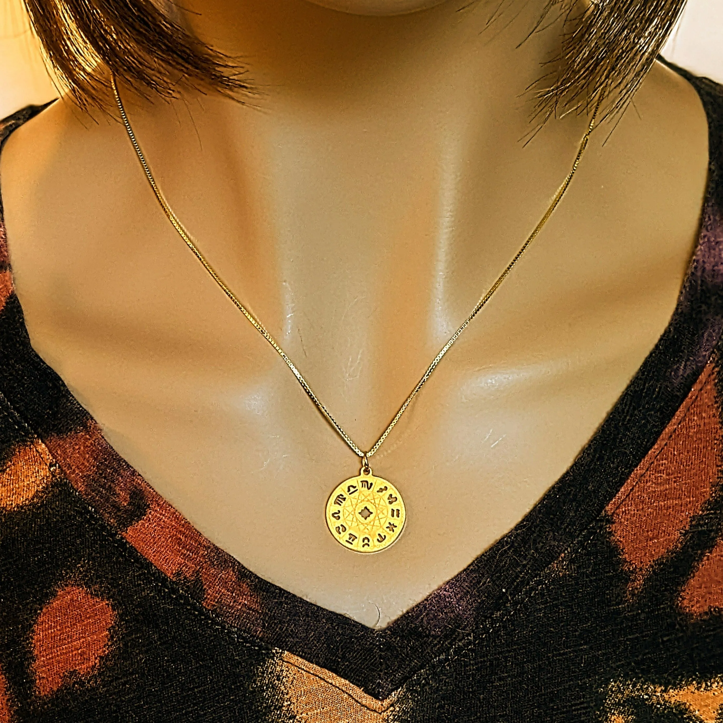 Gold Zodiac Wheel Chart necklace, adjustable up to 24 inches