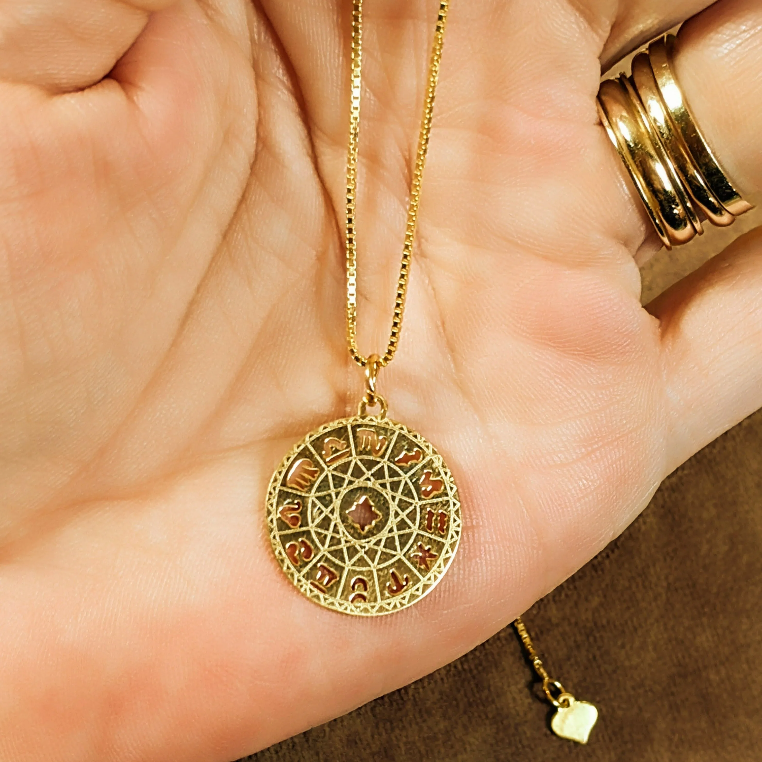 Gold Zodiac Wheel Chart necklace, adjustable up to 24 inches