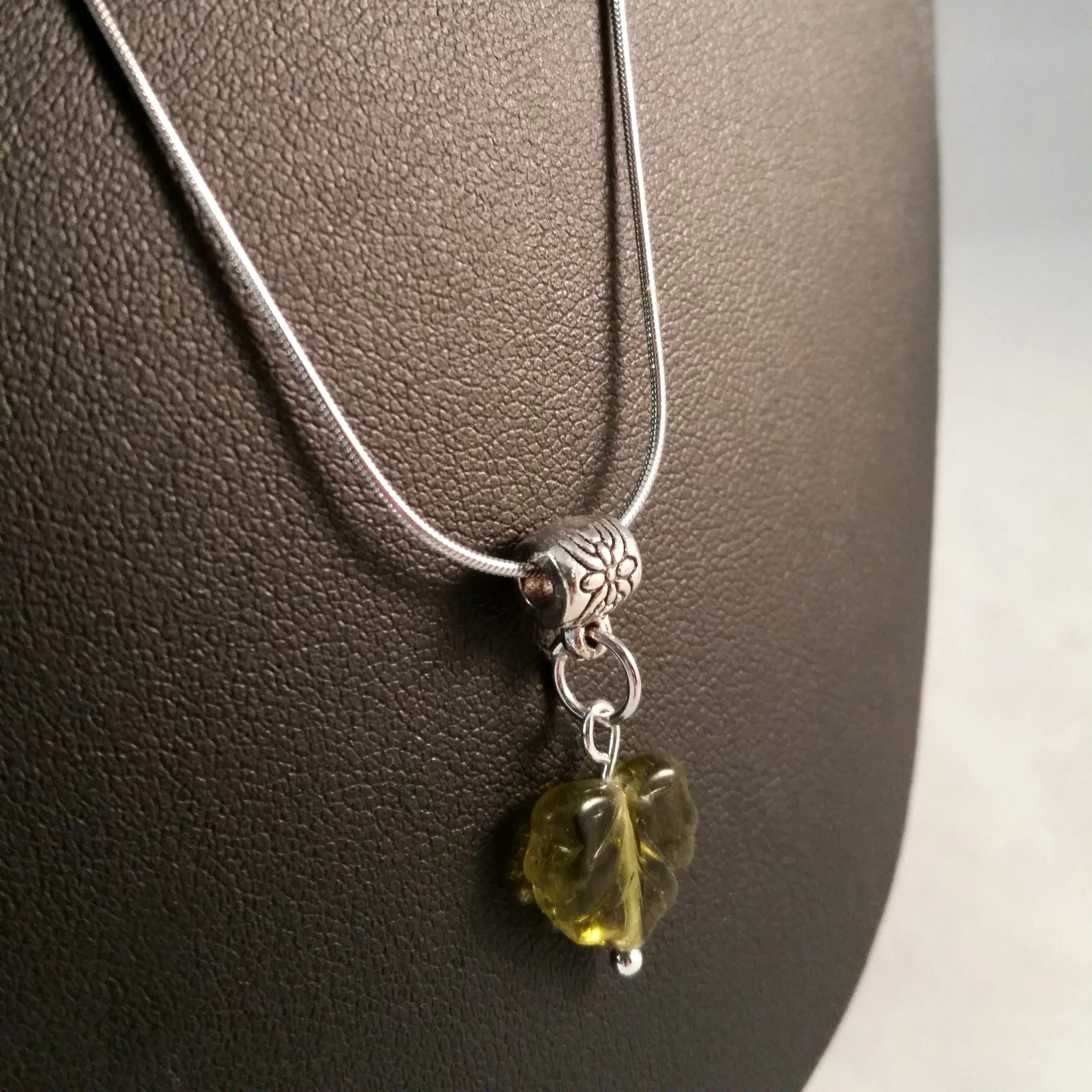 Green Leaf Necklace Silver Minimalist Glass Pendant