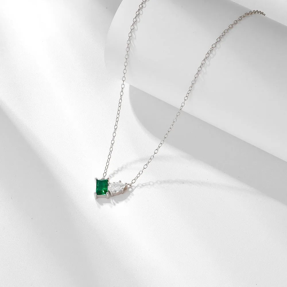 Green Rectangular Zircon and Water Drop Zircon Silver Necklace