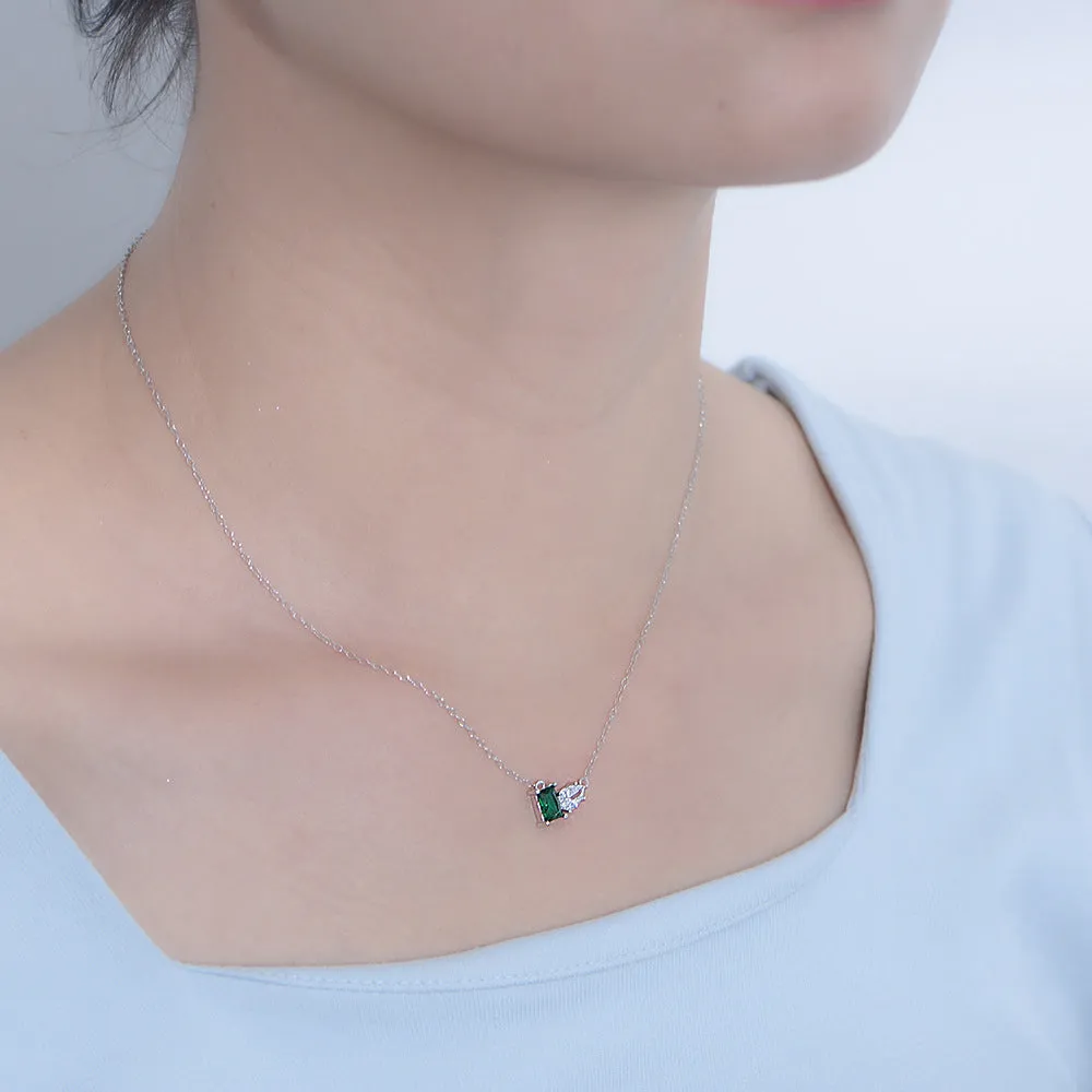 Green Rectangular Zircon and Water Drop Zircon Silver Necklace