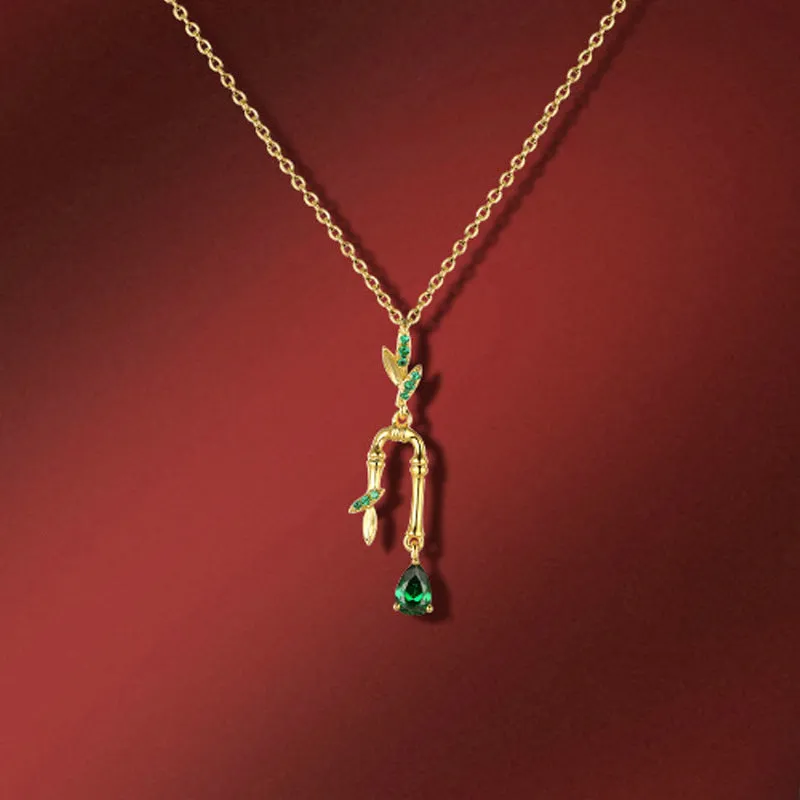 Green Zircon Bamboo Leaf Silver Necklace for Women