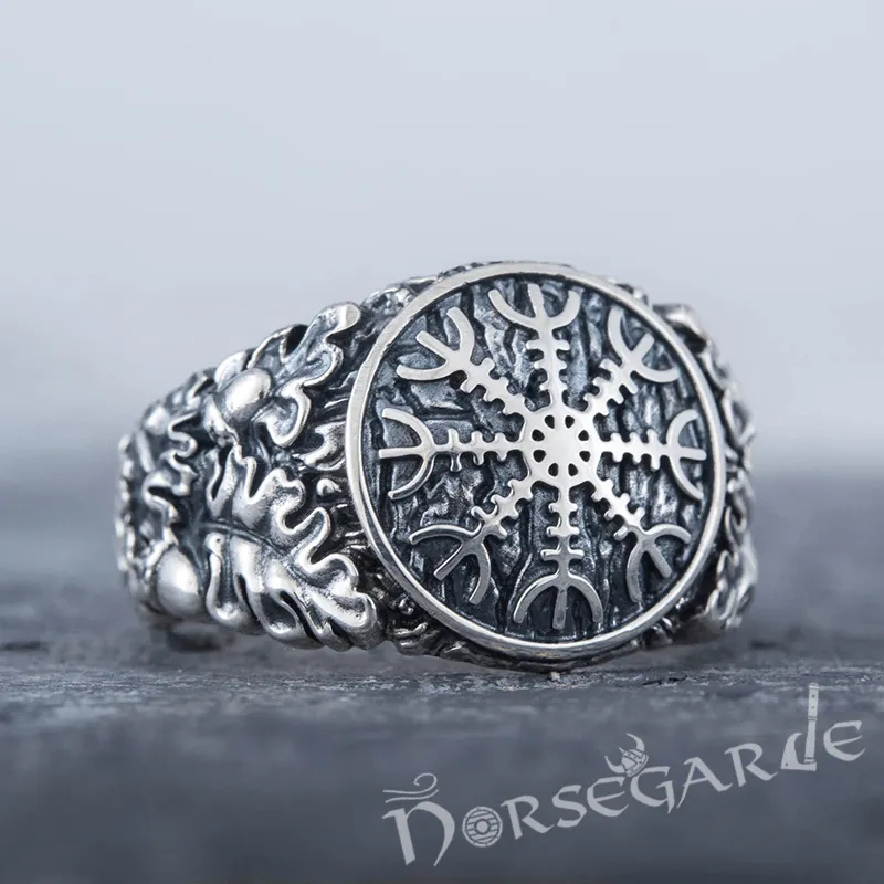 Handcrafted Helm of Awe Rune Oak Leaves Ring - Sterling Silver