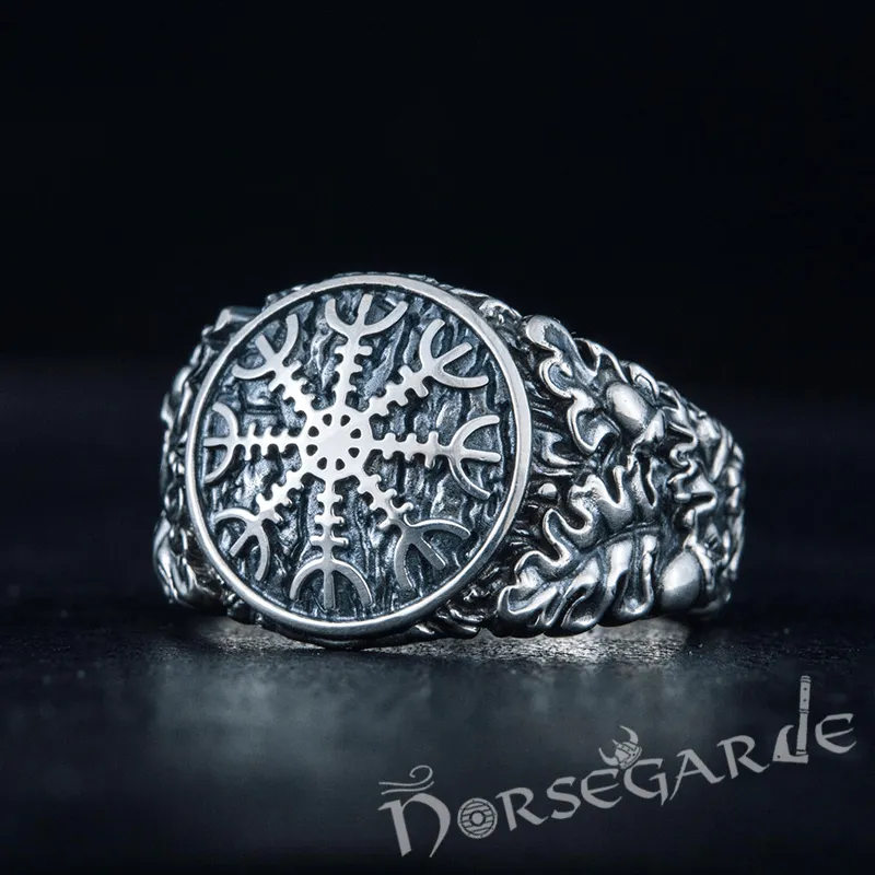 Handcrafted Helm of Awe Rune Oak Leaves Ring - Sterling Silver