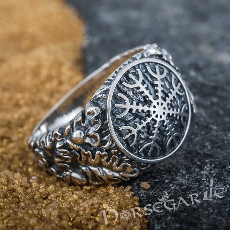 Handcrafted Helm of Awe Rune Oak Leaves Ring - Sterling Silver