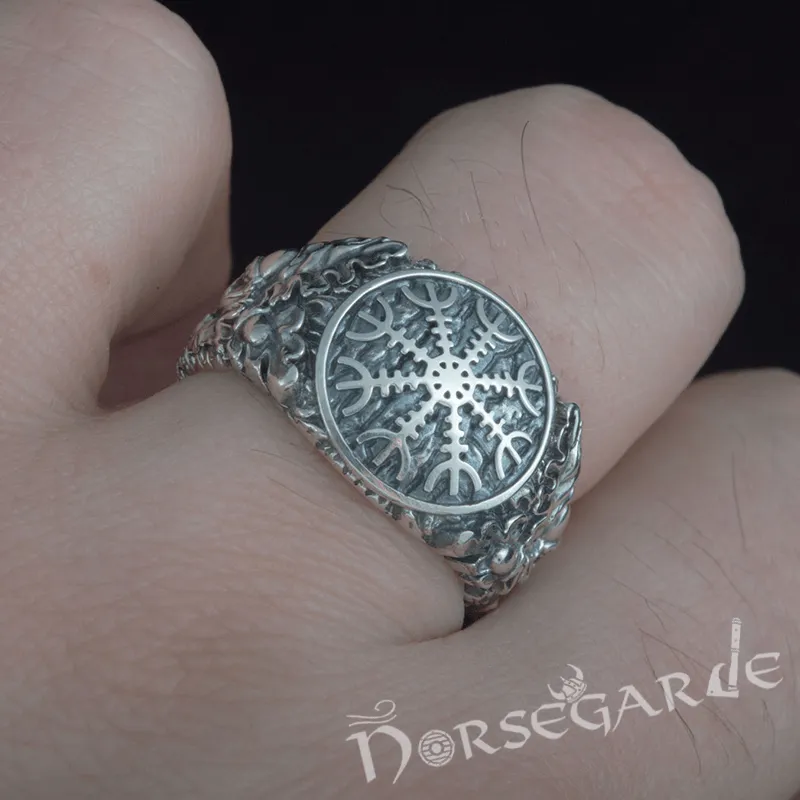 Handcrafted Helm of Awe Rune Oak Leaves Ring - Sterling Silver