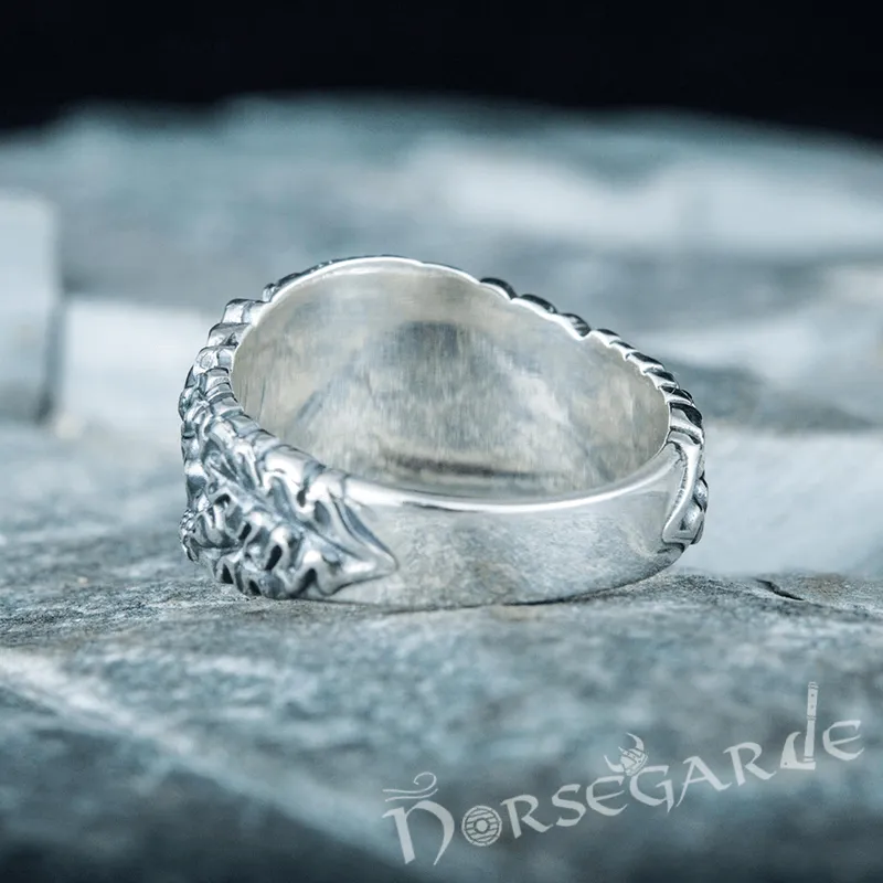 Handcrafted Helm of Awe Rune Oak Leaves Ring - Sterling Silver