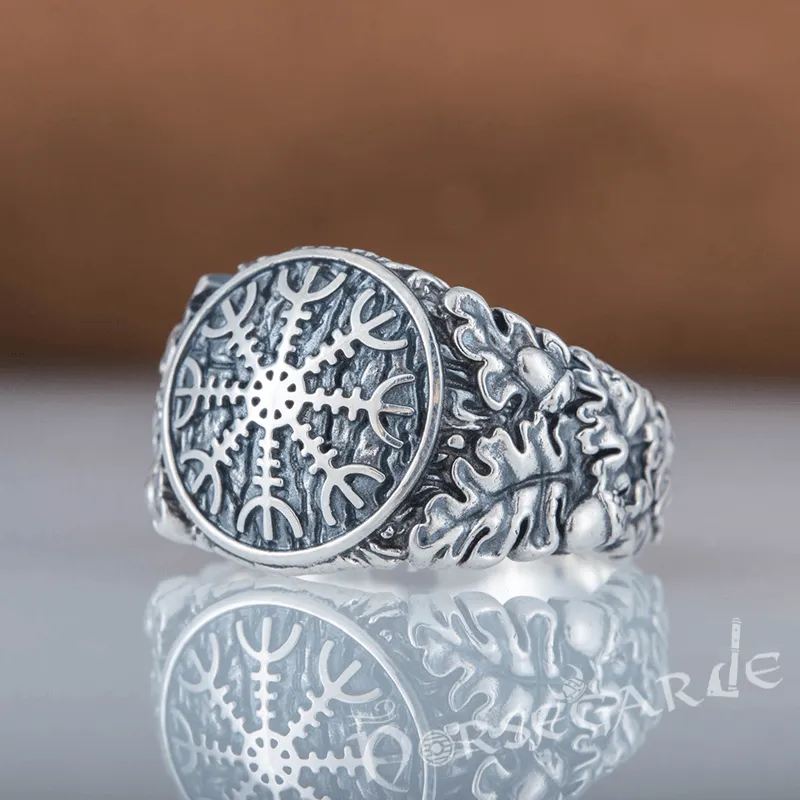 Handcrafted Helm of Awe Rune Oak Leaves Ring - Sterling Silver