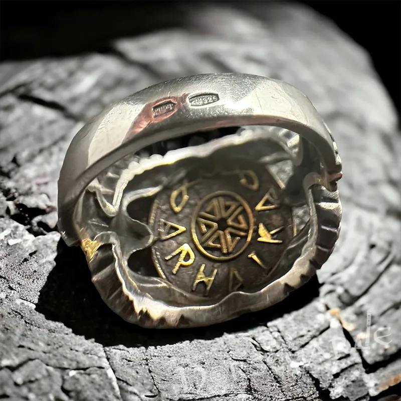 Handcrafted Helm of Awe Shield and Ravens Ring - Sterling Silver, Brass & Garnet