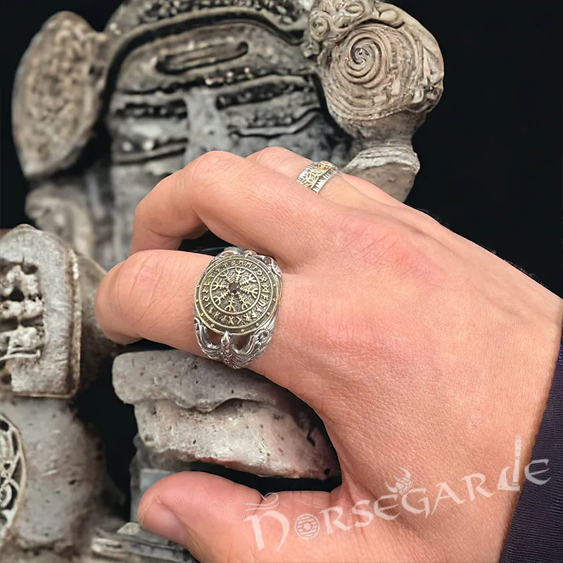 Handcrafted Helm of Awe Shield and Ravens Ring - Sterling Silver, Brass & Garnet