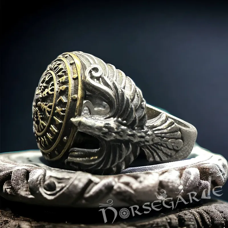 Handcrafted Helm of Awe Shield and Ravens Ring - Sterling Silver, Brass & Garnet