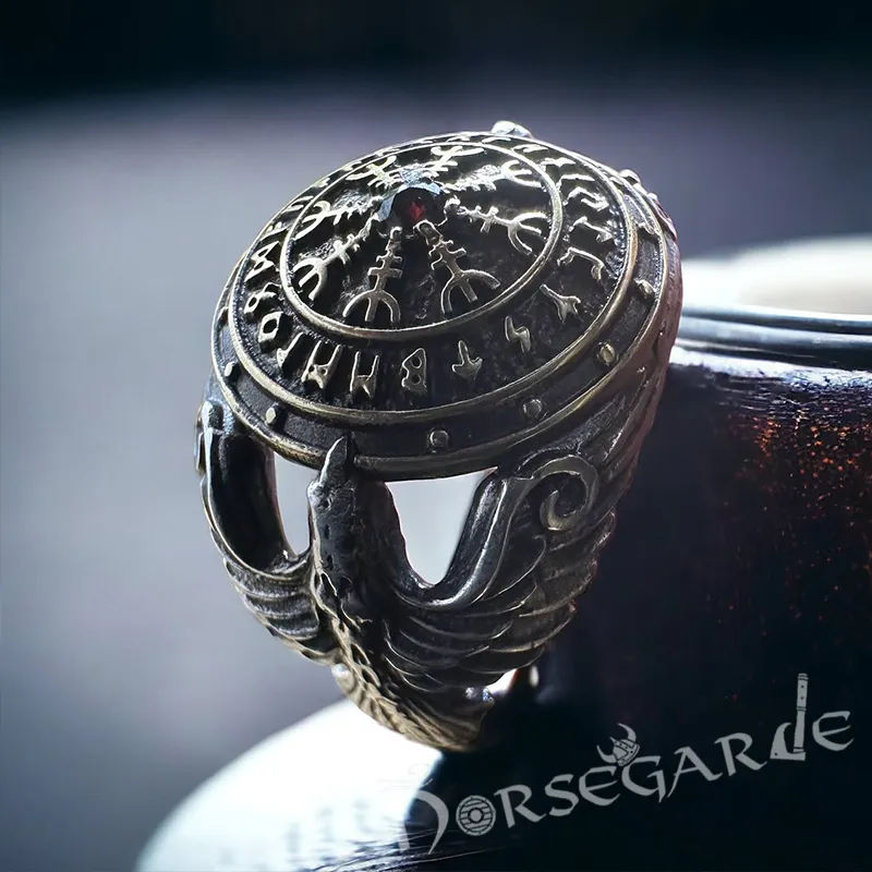 Handcrafted Helm of Awe Shield and Ravens Ring - Sterling Silver, Brass & Garnet