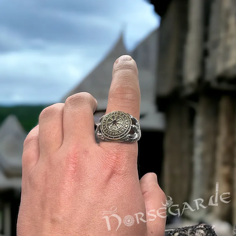 Handcrafted Helm of Awe Shield and Ravens Ring - Sterling Silver, Brass & Garnet