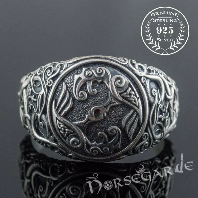 Handcrafted Urnes Style Ravens Ring - Sterling Silver