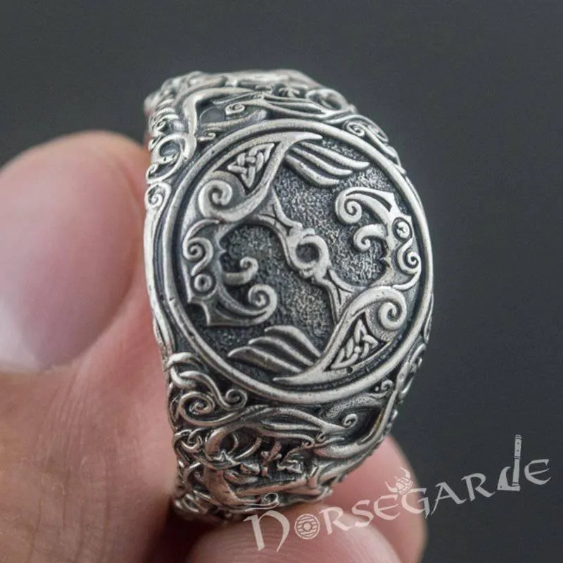 Handcrafted Urnes Style Ravens Ring - Sterling Silver