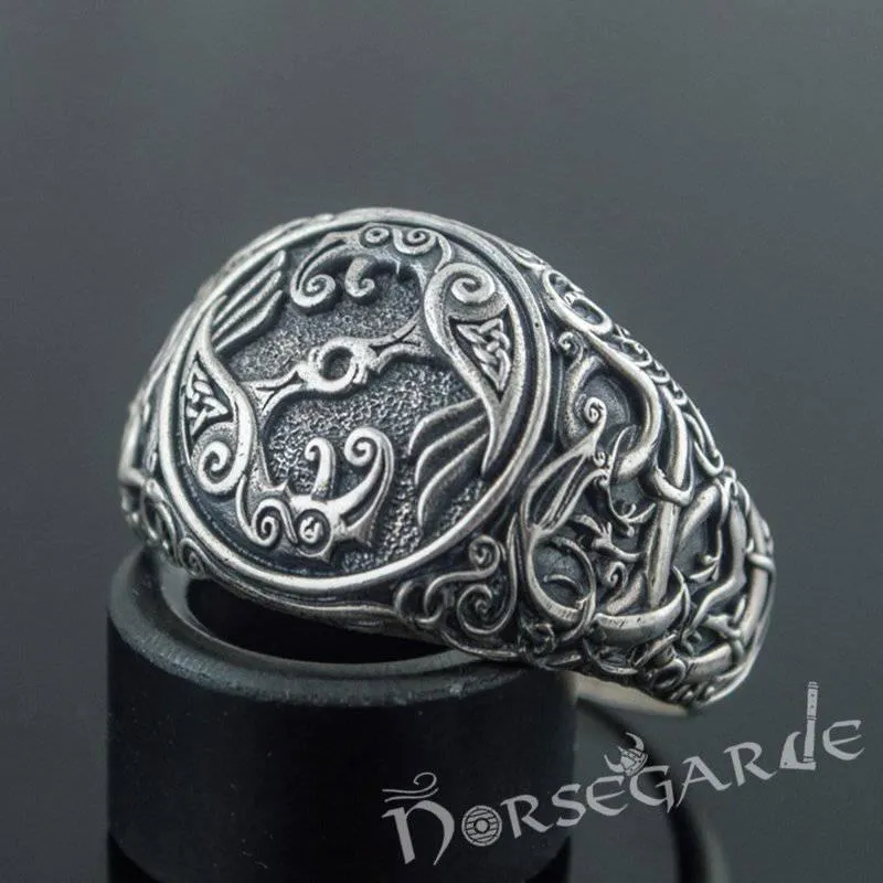 Handcrafted Urnes Style Ravens Ring - Sterling Silver