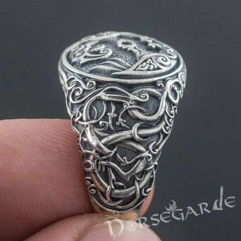 Handcrafted Urnes Style Ravens Ring - Sterling Silver