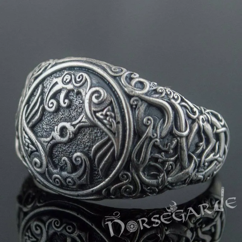 Handcrafted Urnes Style Ravens Ring - Sterling Silver