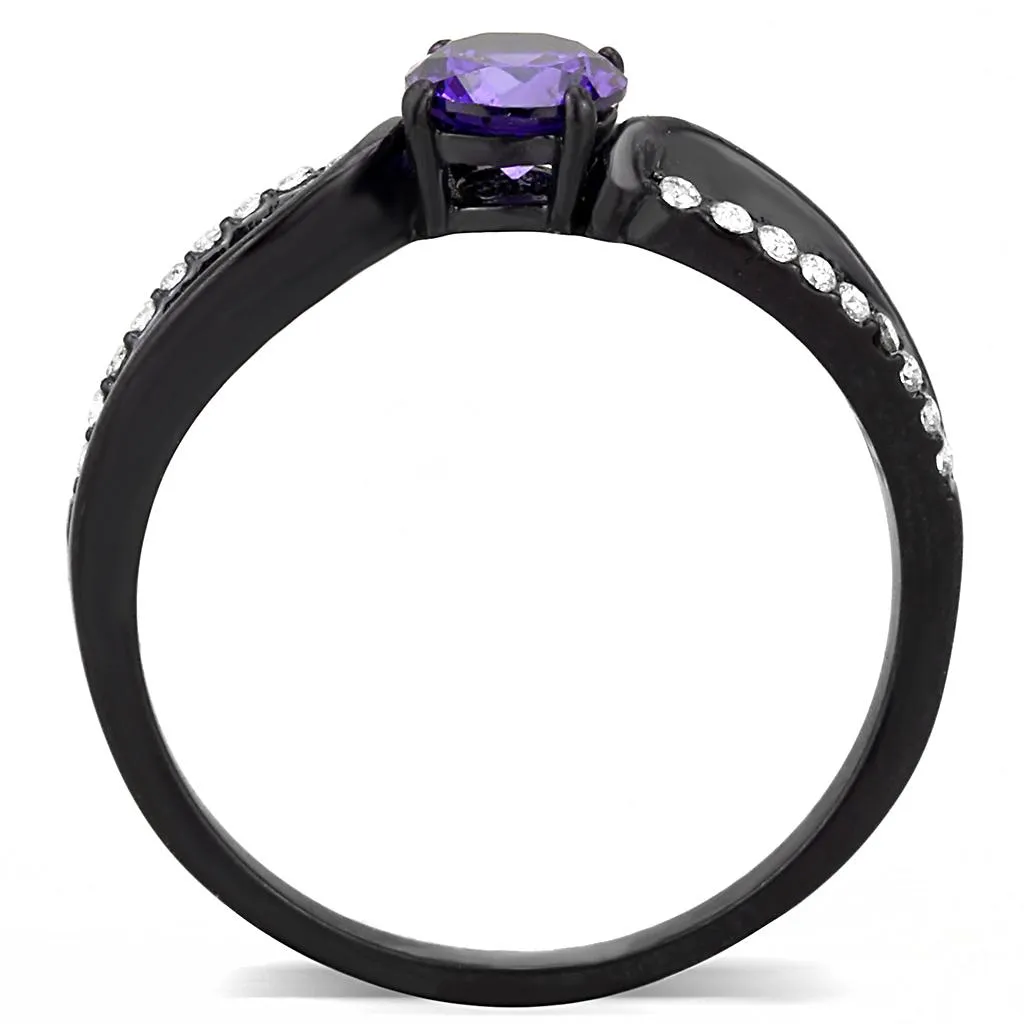 IP Black(Ion Plating) Stainless Steel Ring with AAA Grade CZ in Amethyst for Women Style DA003