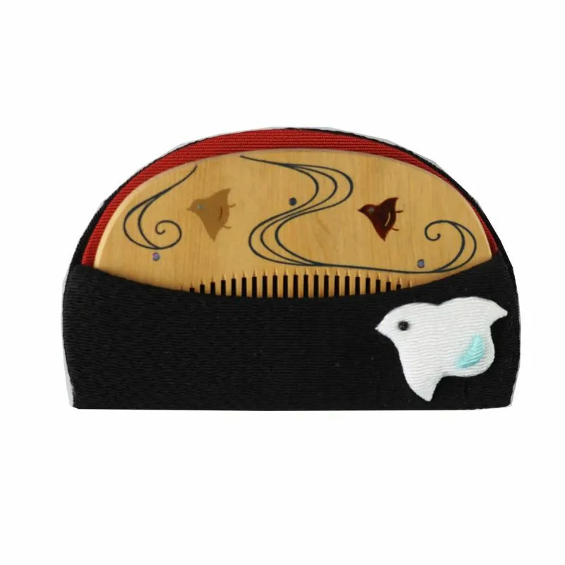 Japanese Maki-e Urushi Lacquer Tsuge (Boxwood) Comb with Chirimen (Crepe Fabric) Case - Plover - ,  Handmade in Kyoto, Japan,  Japanese traditional hair comb