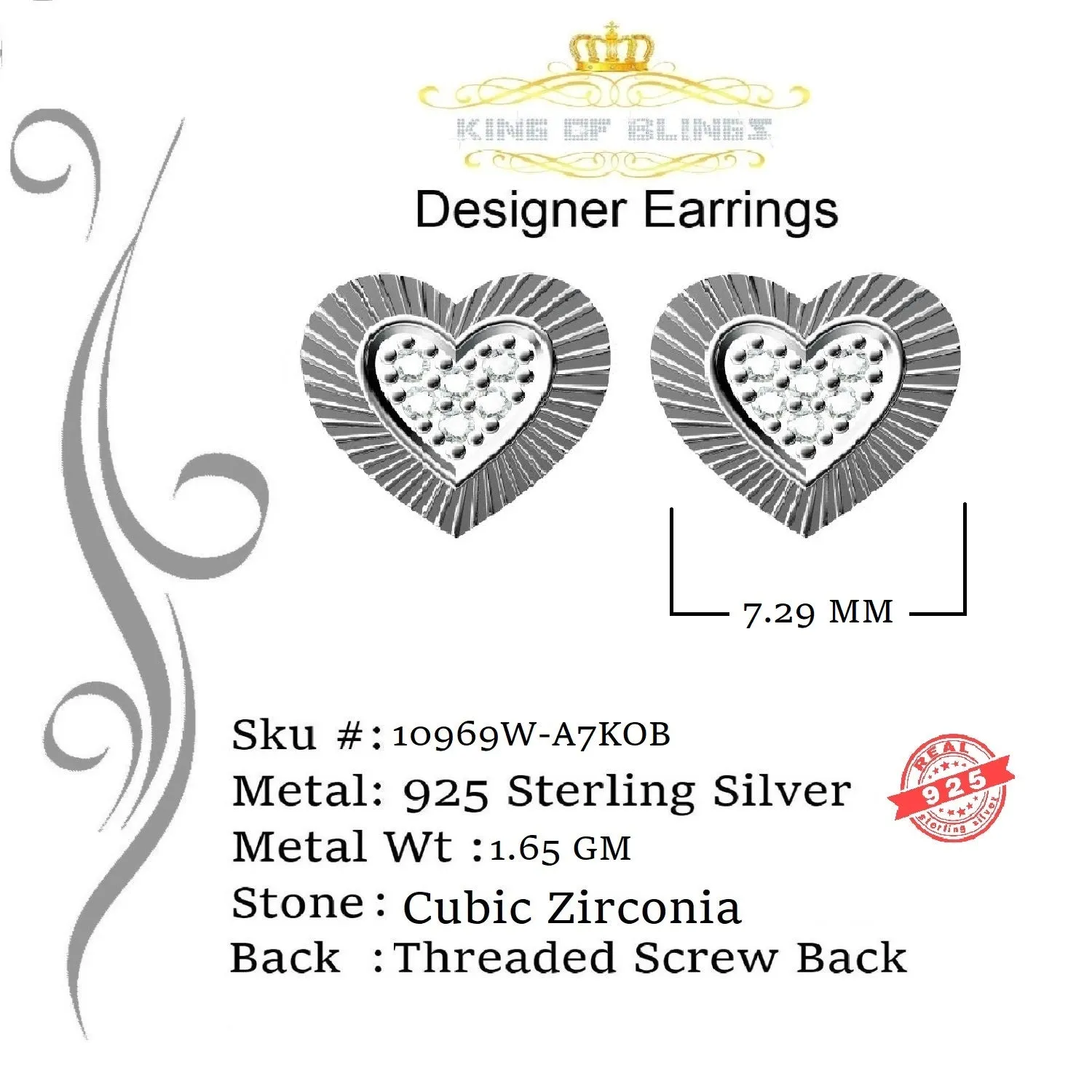 King of Blings- Aretes Para Hombre 925 White Silver 1.28ct Cubic Zirconia Heart Women's Earring