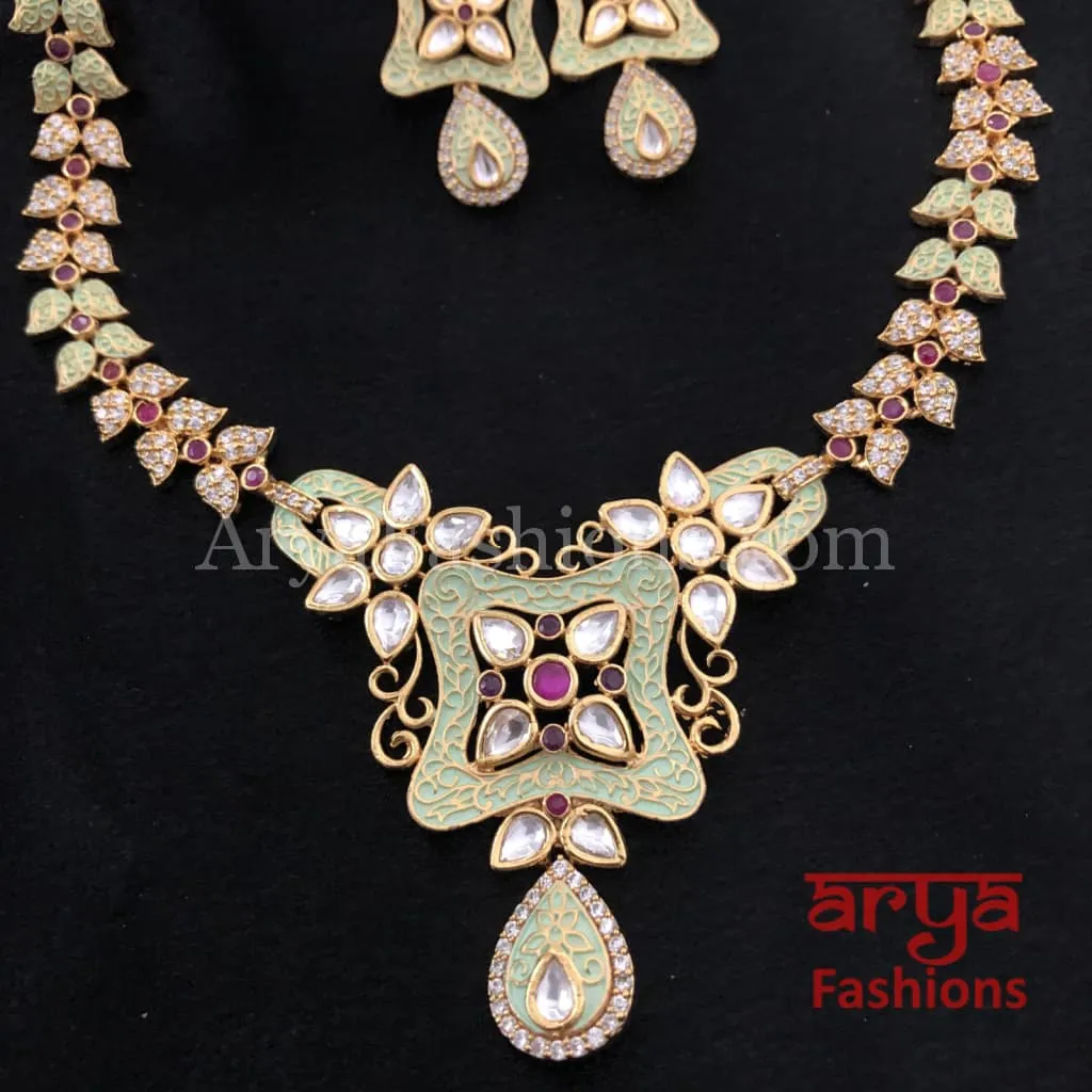 Kundan CZ Necklace with Mint Green Meenakari