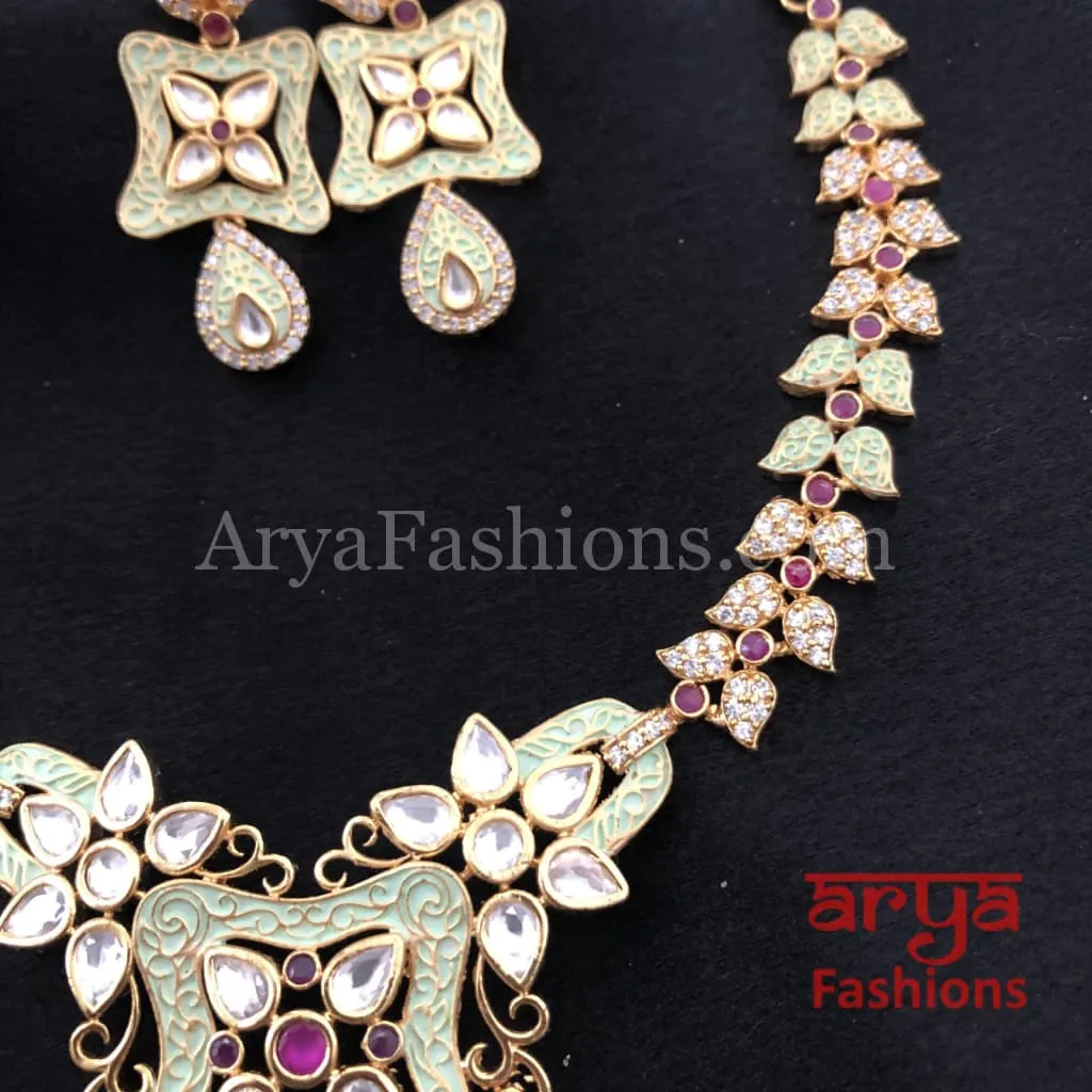 Kundan CZ Necklace with Mint Green Meenakari