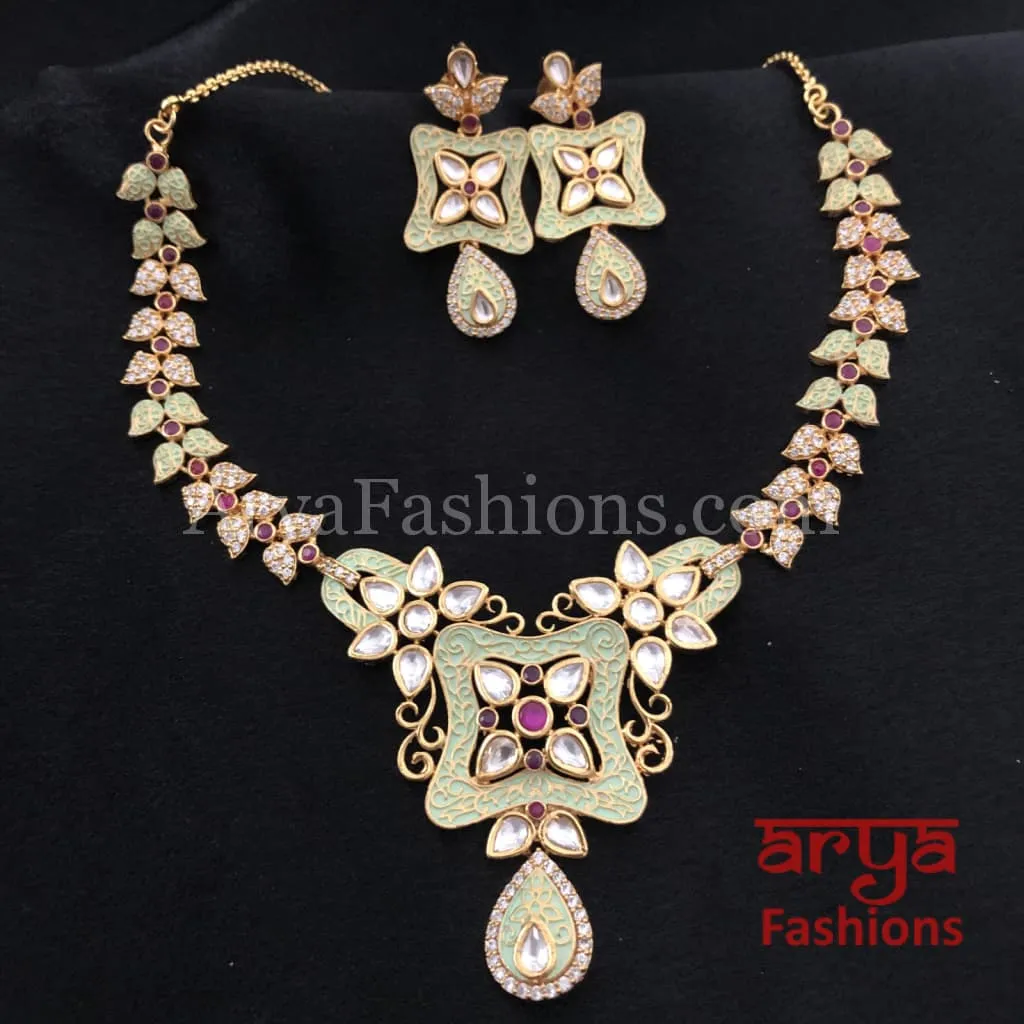 Kundan CZ Necklace with Mint Green Meenakari