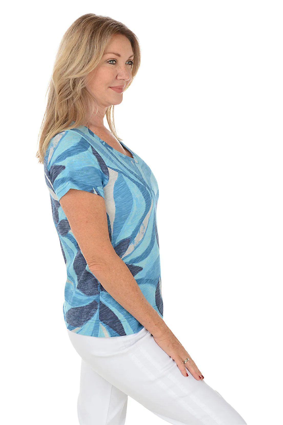 Lapis Swirling Petals V-Neck Tee