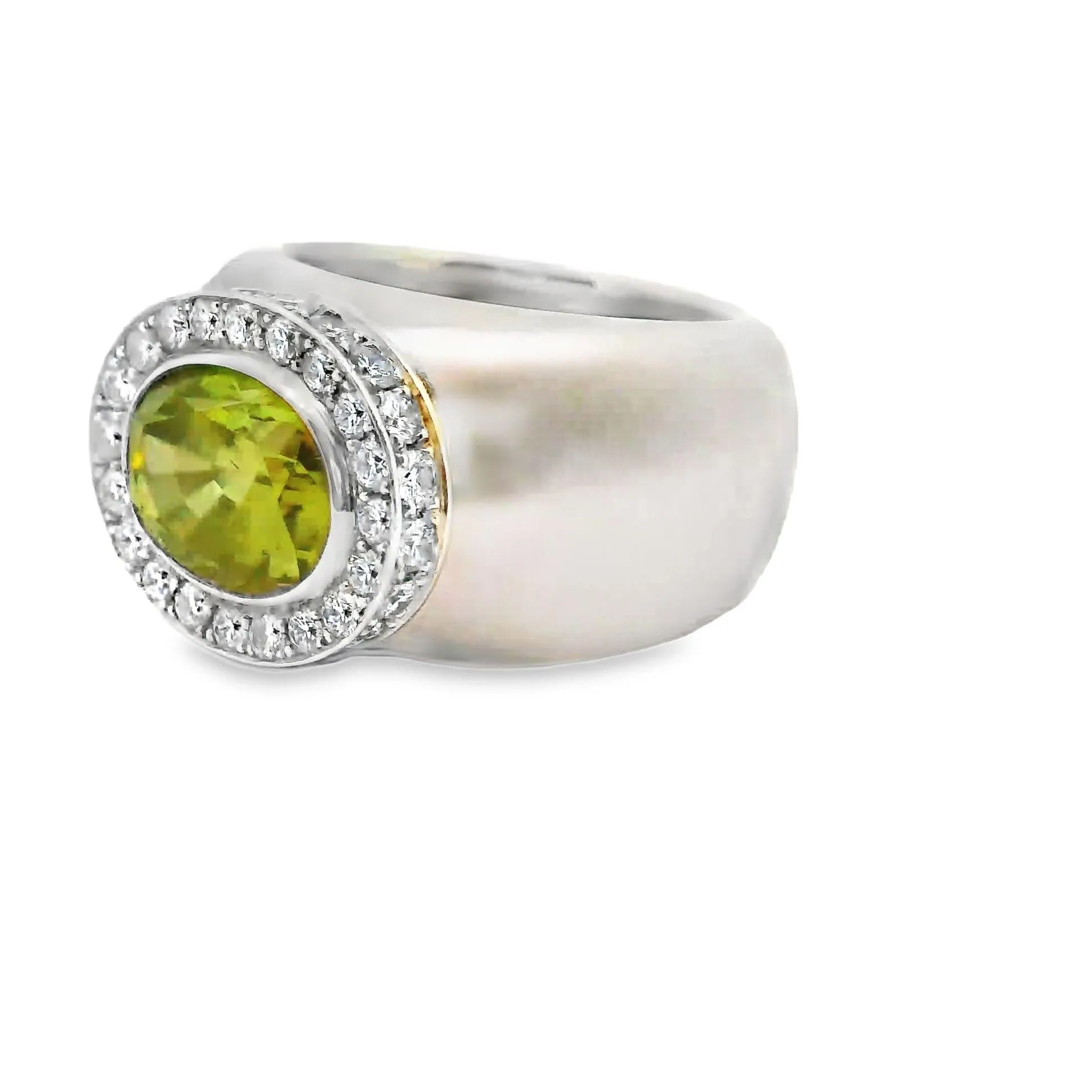 Large Chrysoberyl Diamond 18k White Gold Wide Band Ring, Unisex