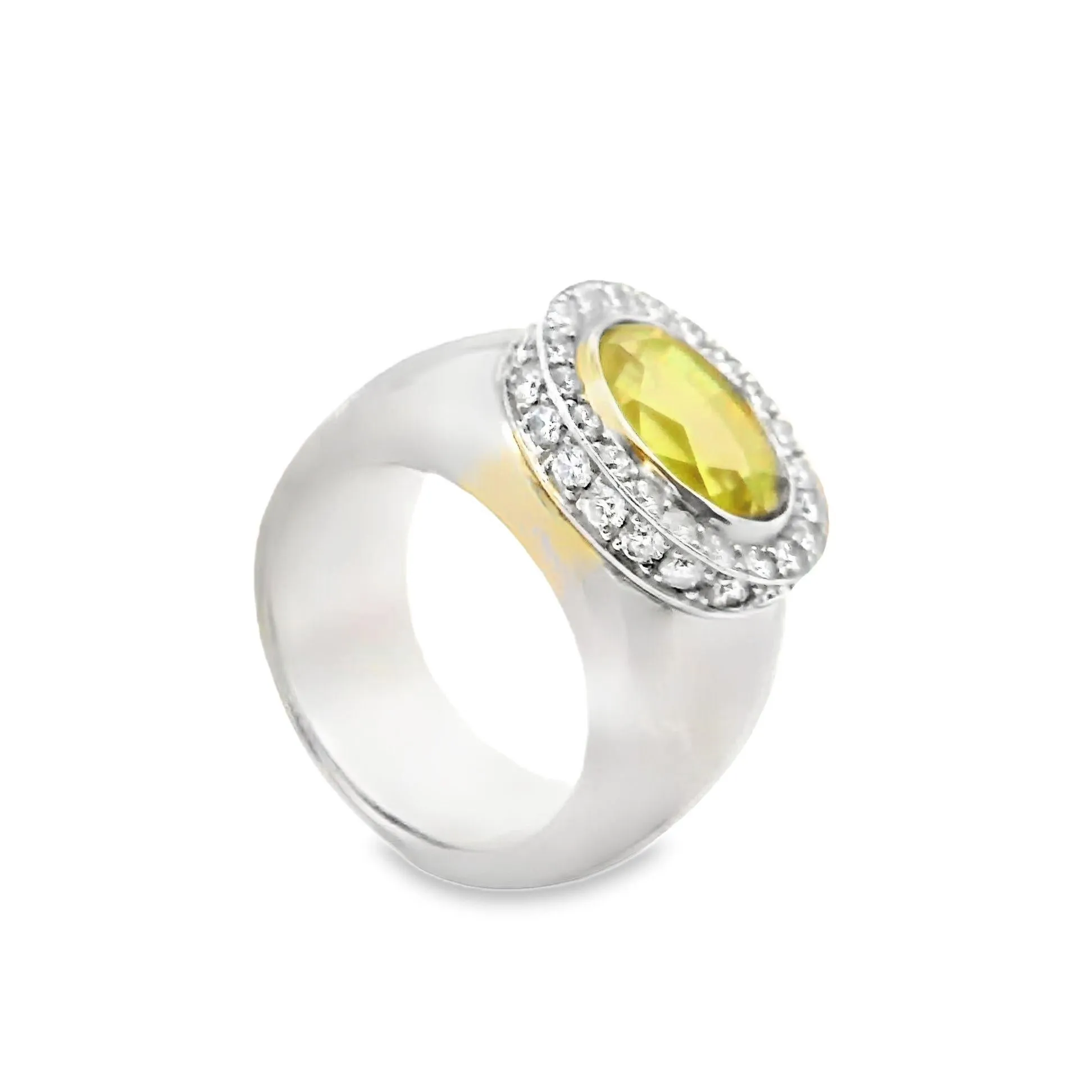 Large Chrysoberyl Diamond 18k White Gold Wide Band Ring, Unisex