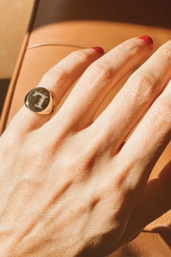 Large Disc Signet Ring with Engraved White Pavé Diamonds