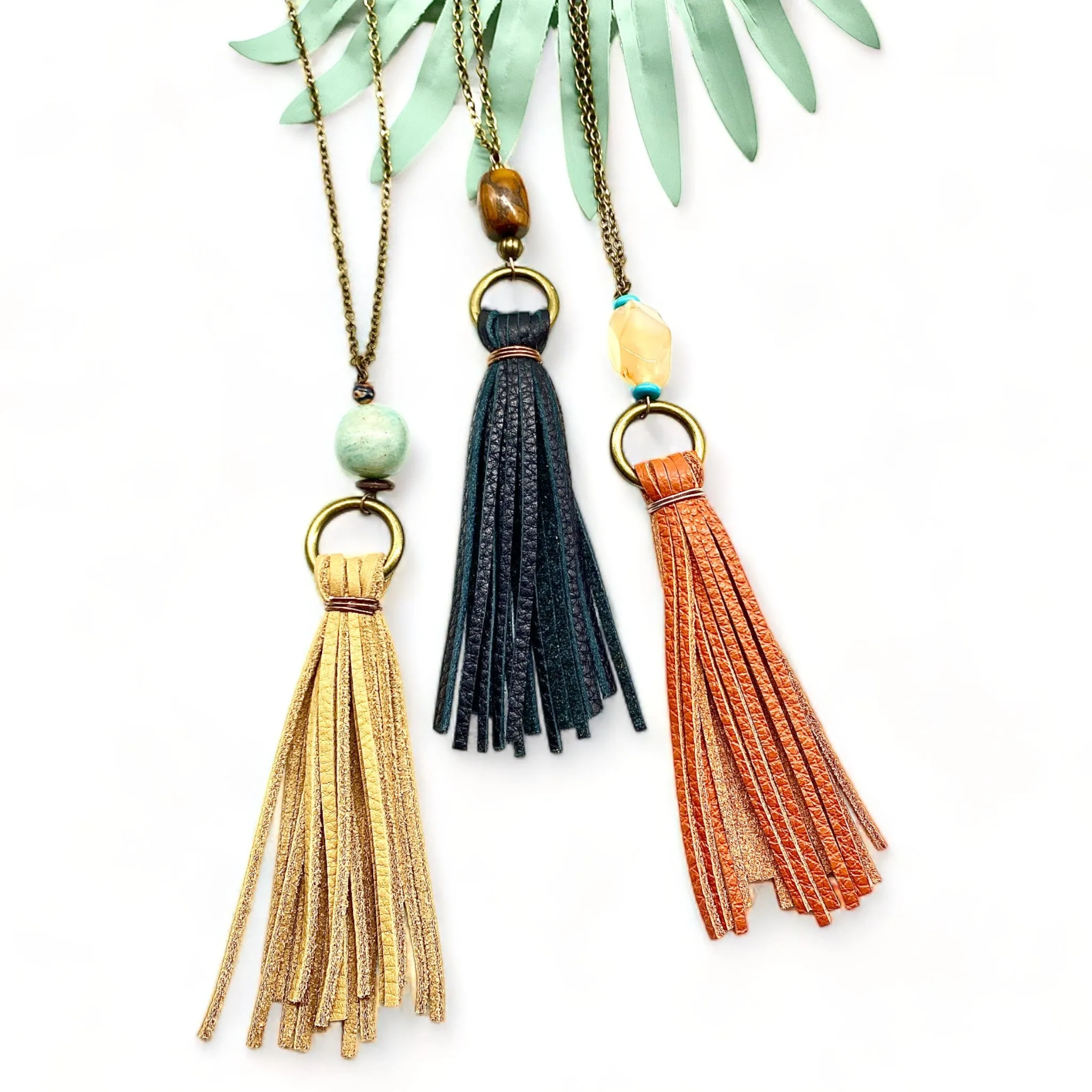 Leather Tassel necklace w/Stone