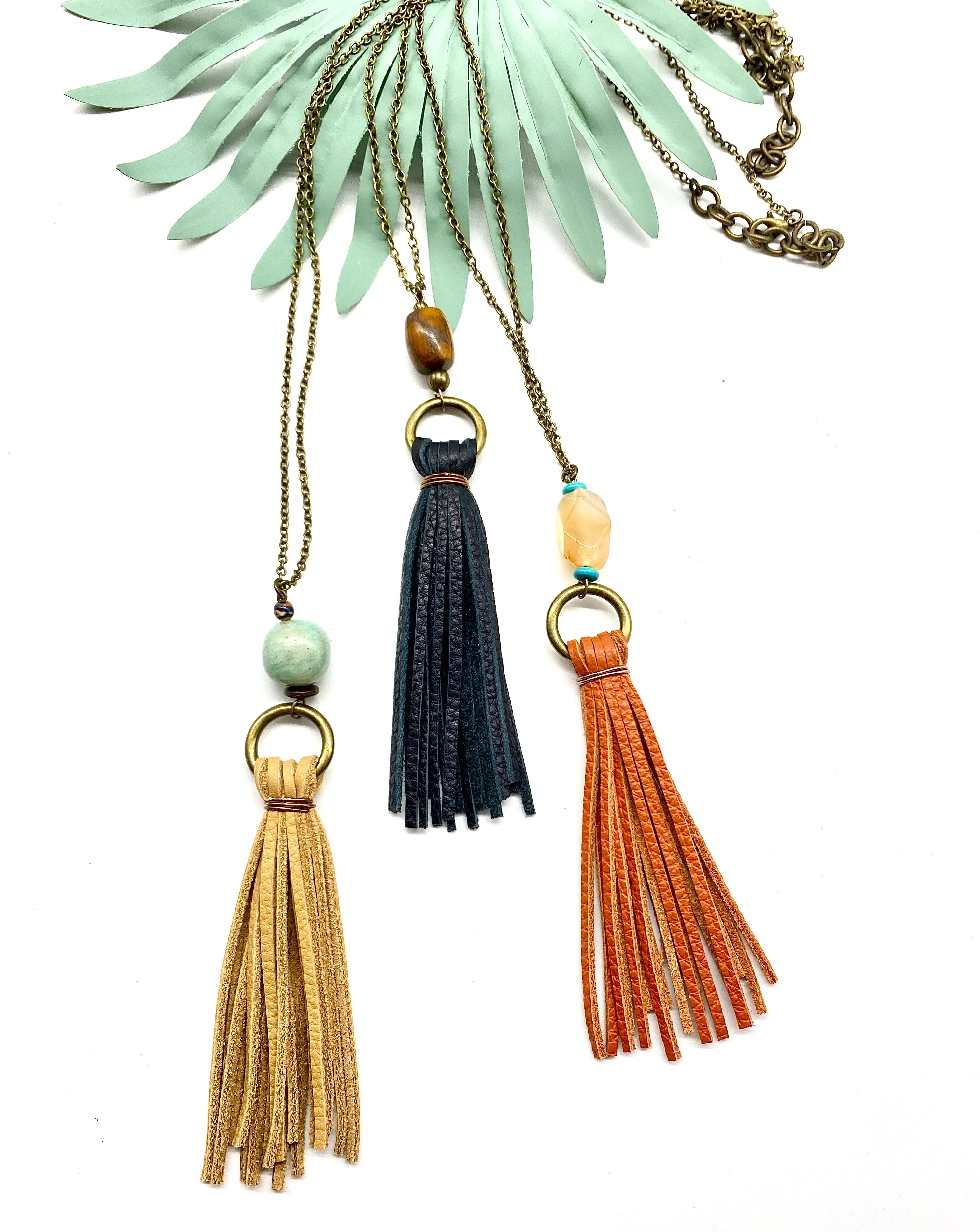 Leather Tassel necklace w/Stone