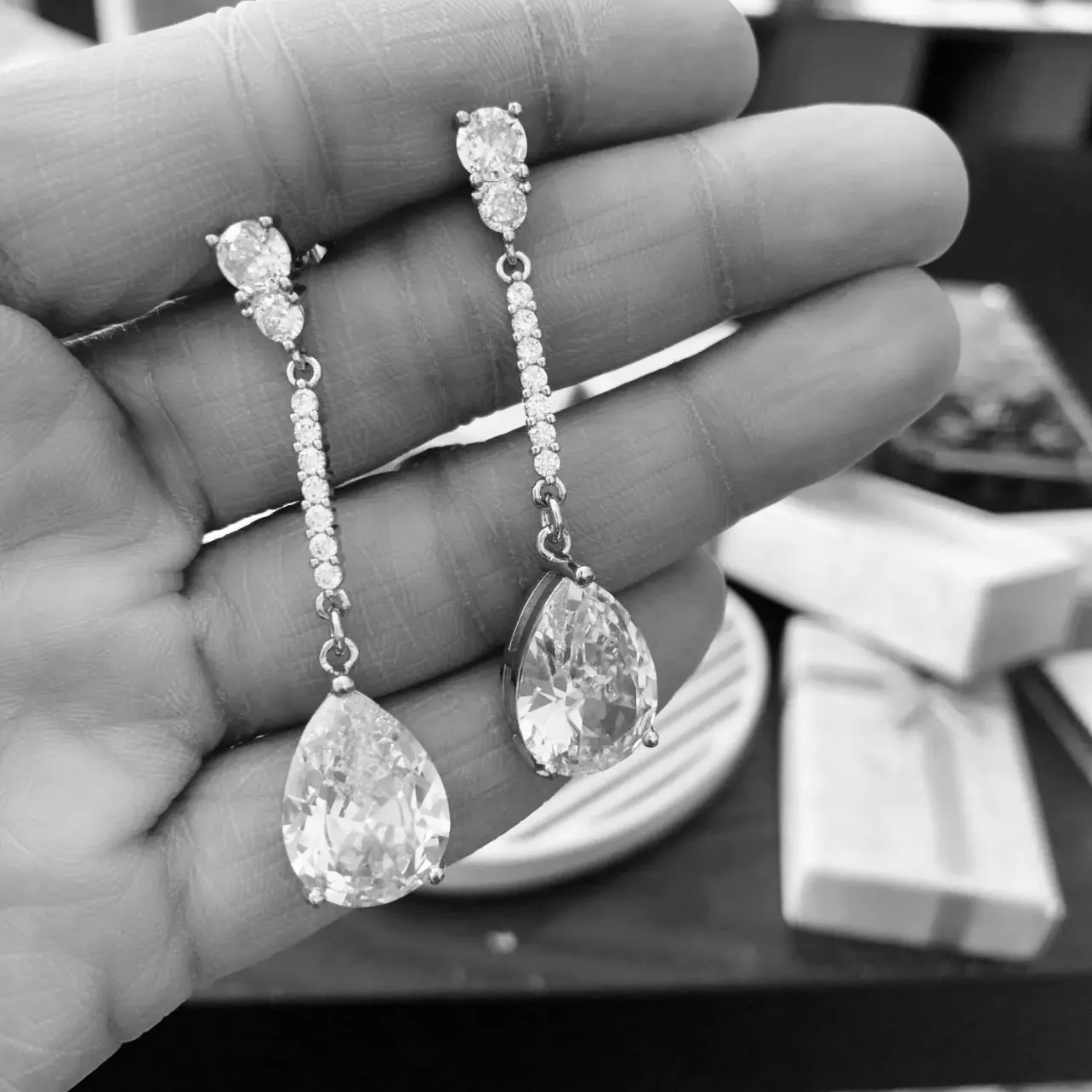 Luxury Long Silver Dangle Drop Earrings with Pear Cubic Zircon Main Stone.