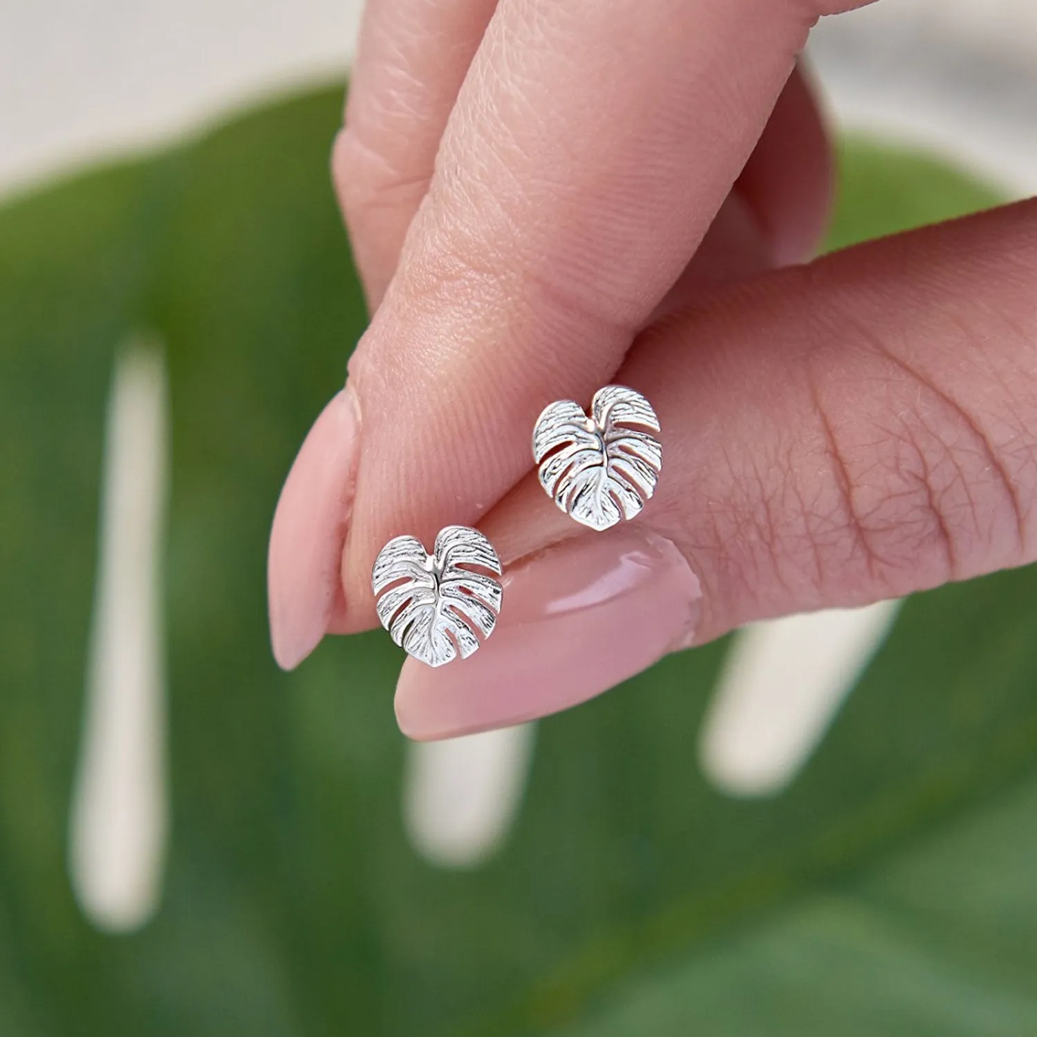 Monstera Palm Leaf Silver Stud Earrings