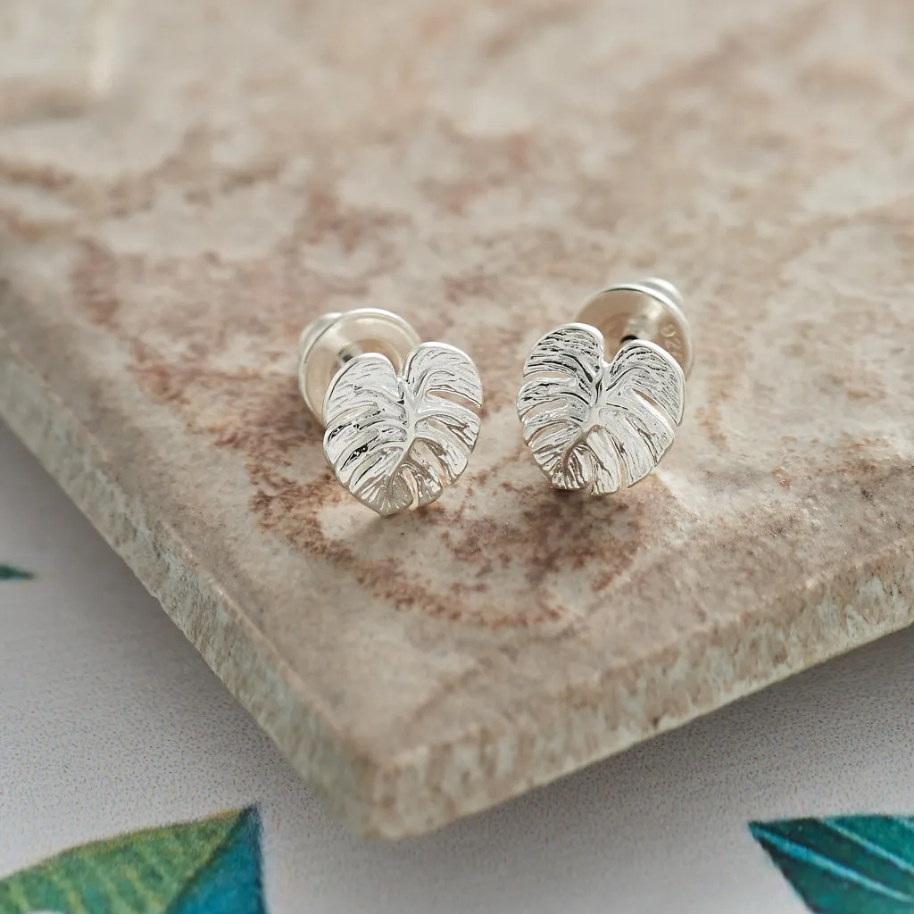 Monstera Palm Leaf Silver Stud Earrings