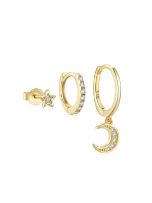 Moon & Stars Earring Set, .925 Sterling Silver, Zircon 18K Gold Plated Three (3) Luxury Earring Set