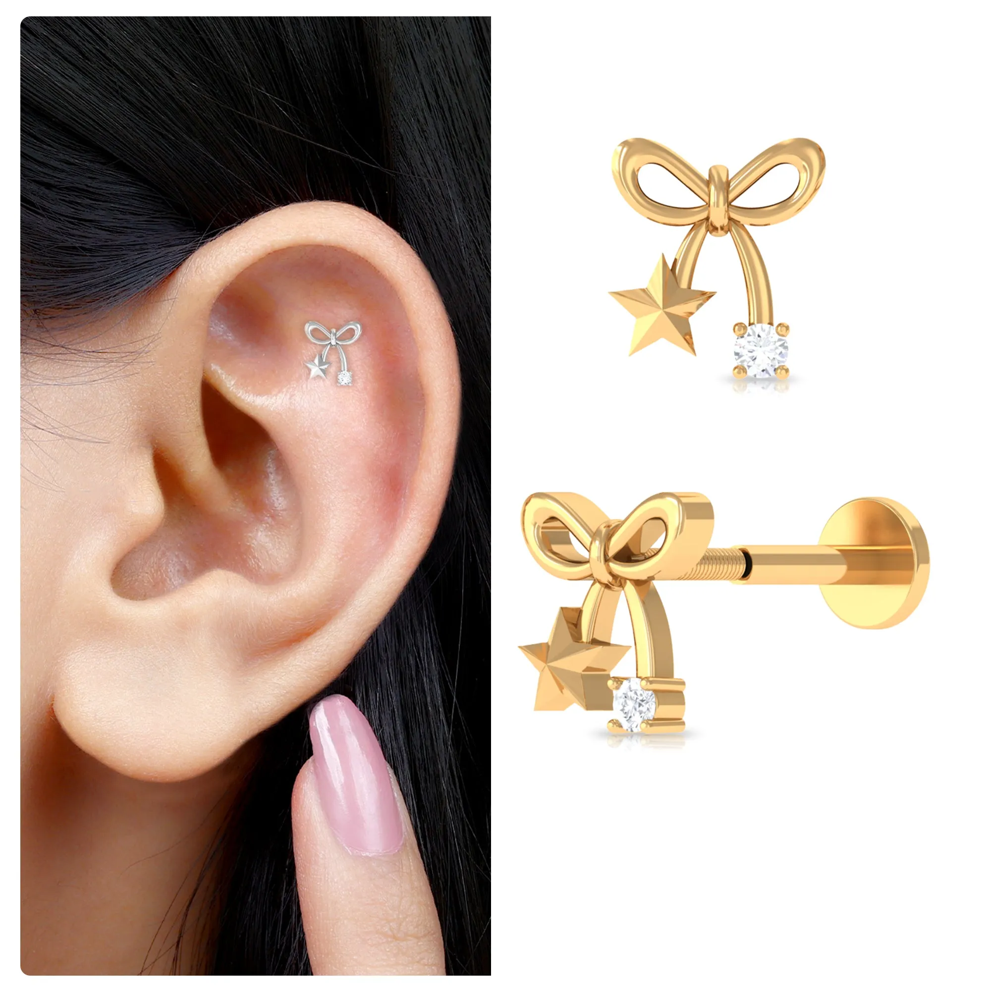 Natural Diamond Bow Cartilage Earring with Star