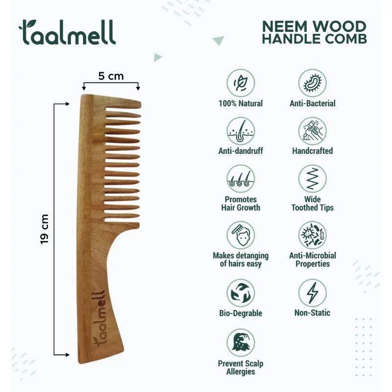 Neem wood Handle Comb | Wide Toothed Tips | With Anti-Fungal Properties | Pack of 2