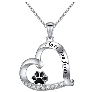 Paw Print Heart Pendant Love Puppy Dog Necklace Jewelry Dog Chain Birthday Gift Simulated Diamond 925 Sterling Silver 18in.