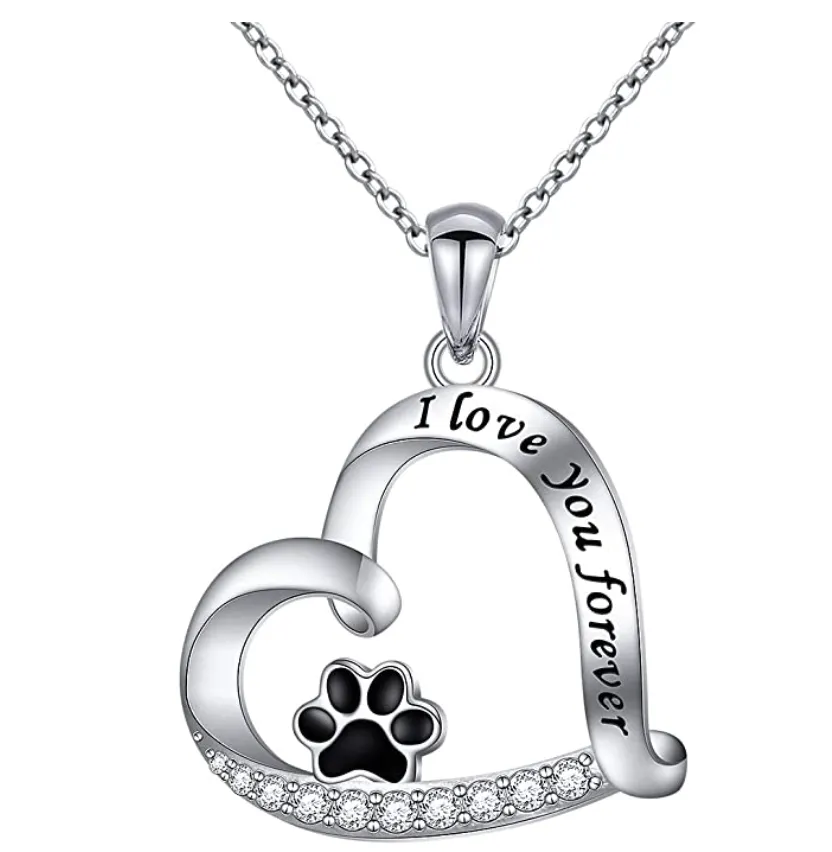 Paw Print Heart Pendant Love Puppy Dog Necklace Jewelry Dog Chain Birthday Gift Simulated Diamond 925 Sterling Silver 18in.