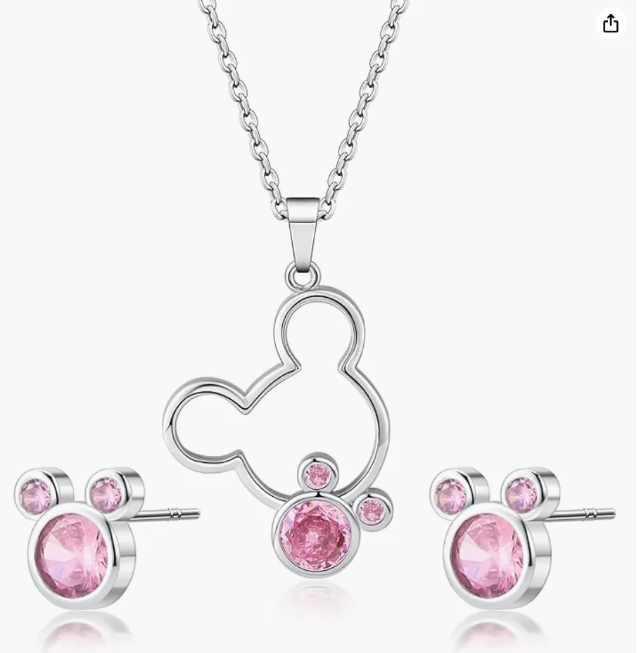 Pink Diamond Mouse Earrings Necklace Set Mouse Bow Pendant Mouse Ear Chain Rat Jewelry Girls Teen Birthday Gift Silver Stainless Steel 18in.