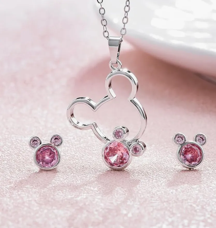 Pink Diamond Mouse Earrings Necklace Set Mouse Bow Pendant Mouse Ear Chain Rat Jewelry Girls Teen Birthday Gift Silver Stainless Steel 18in.