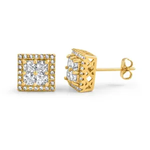 Princess Cut Square Cluster Gold CZ Hip Hop Earrings