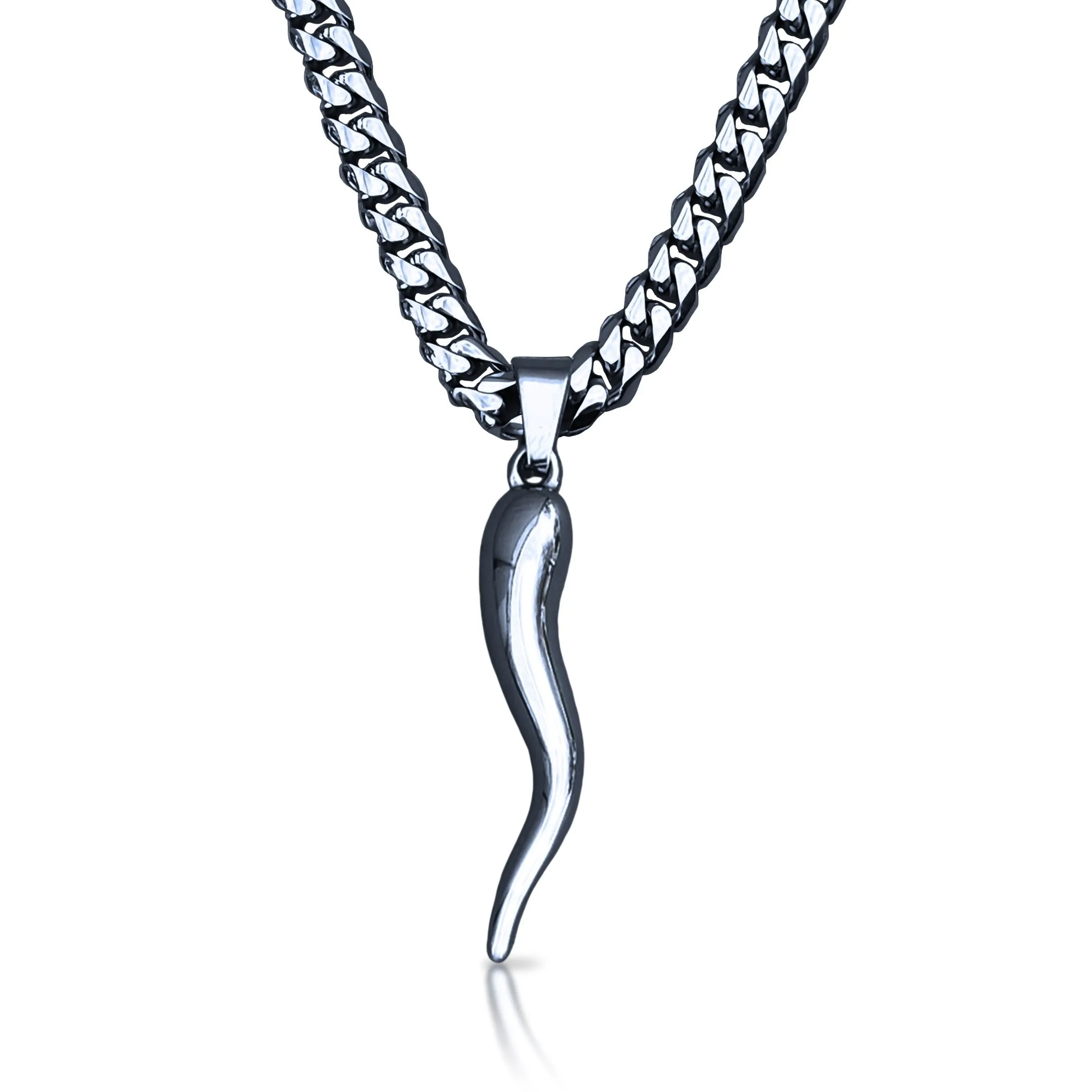 Pro Italian Horn Pendant With 6mm Cuban Link Chain Necklace - Stainless Steel