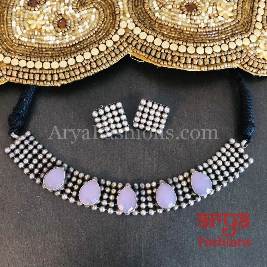 Purple Stones Oxidized Tribal Necklace with Cultured Stones